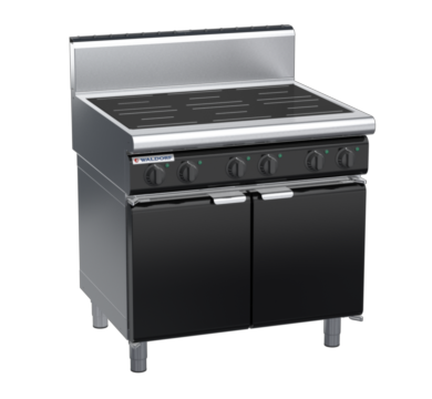 waldorf bold in8600hr2-cd-b0 900mm electric induction cooktop on cabinet base with door and high splashback
