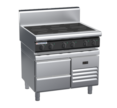 waldorf cue in8600hr2-rb-c0 900mm electric induction cooktop on refrigerated base with high splashback