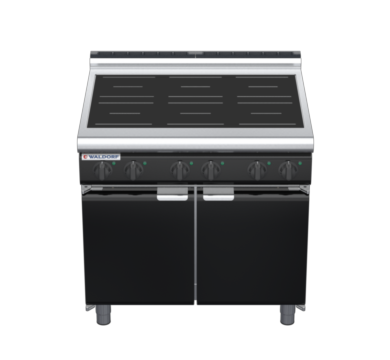 waldorf bold in8600lr2-cd-b0 900mm electric induction cooktop on cabinet base with door and low splashback
