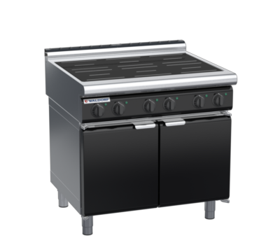 waldorf bold in8600lr2-cd-b0 900mm electric induction cooktop on cabinet base with door and low splashback