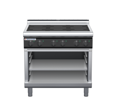 waldorf cue in8600lr2-ob-c0 900mm electric induction cooktop on open base with low splashback