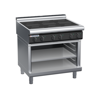 waldorf cue in8600lr2-ob-c0 900mm electric induction cooktop on open base with low splashback