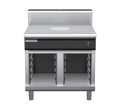 waldorf cue rn8100gh-cb-c0 900mm gas target top on cabinet base with high splashback