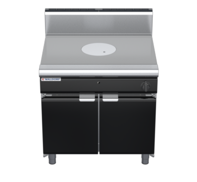 waldorf bold rn8100gh-cd-b0 900mm gas target top on cabinet base with door and high splashback