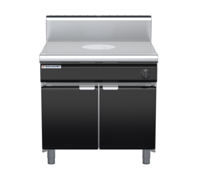 waldorf bold rn8100gh-cd-b0 900mm gas target top on cabinet base with door and high splashback