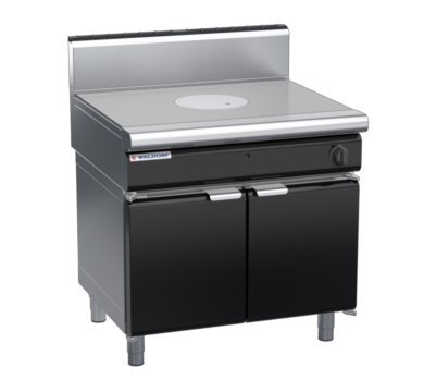 waldorf bold rn8100gh-cd-b0 900mm gas target top on cabinet base with door and high splashback