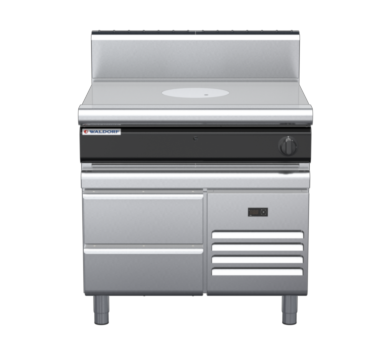 waldorf cue rn8100gh-rb-c0 900mm gas target top on refrigerated base with high splashback