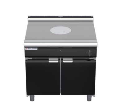 waldorf bold rn8100gl-cd-b0 900mm gas target top on cabinet base with door and low splashback