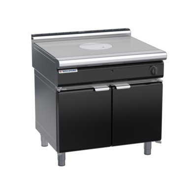 waldorf bold rn8100gl-cd-b0 900mm gas target top on cabinet base with door and low splashback