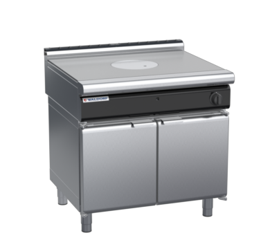waldorf cue rn8100gl-cd-c0 900mm gas target top on cabinet base with door and low splashback