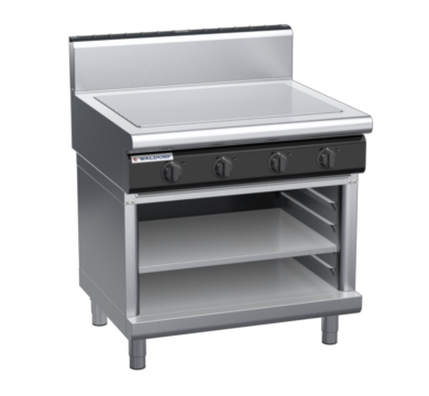 waldorf cue rn8104eh-ob-c0 900mm electric solid top on open base with high splashback