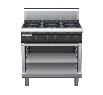 waldorf cue rn8600gh-ob-c0 900mm gas cooktop on open base with high splashback