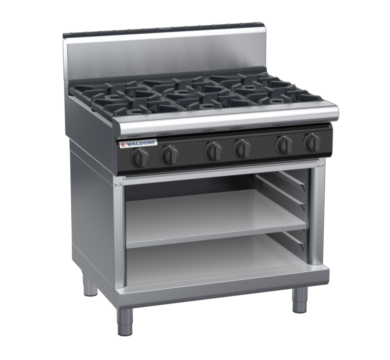 waldorf cue rn8600gh-ob-c0 900mm gas cooktop on open base with high splashback