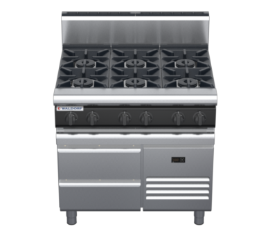 waldorf cue rn8600gh-rb-c0 900mm gas cooktop on refrigerated base with high splashback