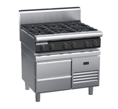 waldorf cue rn8600gh-rb-c0 900mm gas cooktop on refrigerated base with high splashback