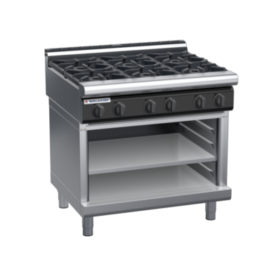 waldorf cue rn8600gl-ob-c0 900mm gas cooktop on open base with low splashback
