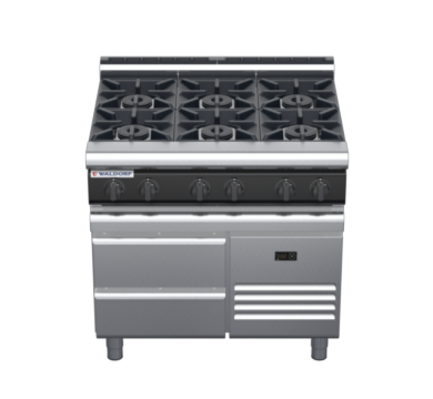 waldorf cue rn8600gl-rb-c0 900mm gas cooktop on refrigerated base with low splashback