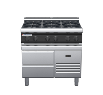 waldorf cue rn8600gl-rb-c0 900mm gas cooktop on refrigerated base with low splashback