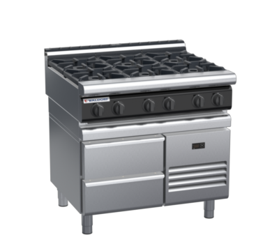 waldorf cue rn8600gl-rb-c0 900mm gas cooktop on refrigerated base with low splashback