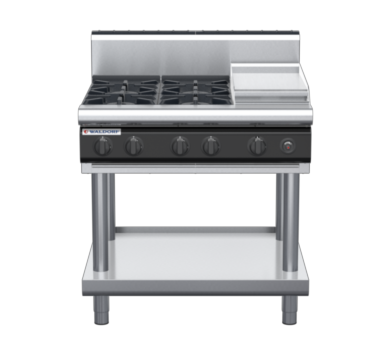 waldorf cue rn8603gh-ls-c0 900mm gas cooktop on leg stand with high splashback