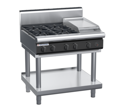 waldorf cue rn8603gh-ls-c0 900mm gas cooktop on leg stand with high splashback