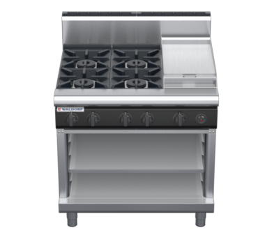 waldorf cue rn8603gh-ob-c0 900mm gas cooktop on open base with high splashback
