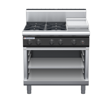 waldorf cue rn8603gh-ob-c0 900mm gas cooktop on open base with high splashback