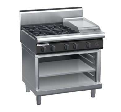 waldorf cue rn8603gh-ob-c0 900mm gas cooktop on open base with high splashback