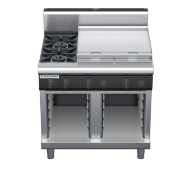 waldorf cue rn8606gh-cb-c0 900mm gas cooktop on cabinet base with high splashback