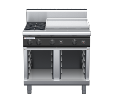 waldorf cue rn8606gh-cb-c0 900mm gas cooktop on cabinet base with high splashback