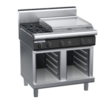 waldorf cue rn8606gh-cb-c0 900mm gas cooktop on cabinet base with high splashback
