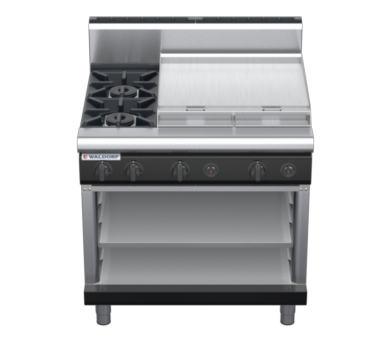 waldorf bold rn8606gh-ob-b0 900mm gas cooktop on open base with high splashback