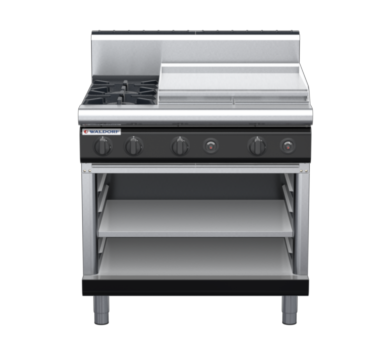 waldorf bold rn8606gh-ob-b0 900mm gas cooktop on open base with high splashback