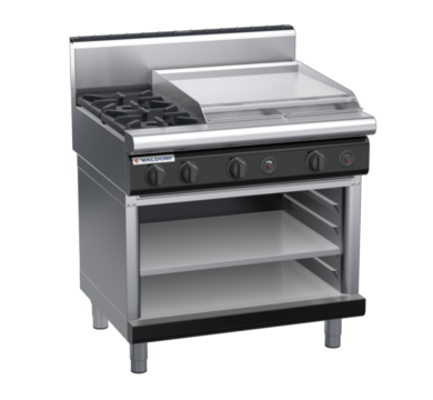 waldorf bold rn8606gh-ob-b0 900mm gas cooktop on open base with high splashback