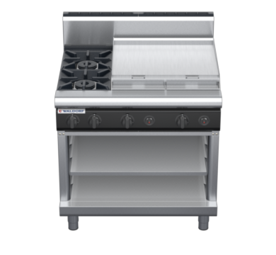 waldorf cue rn8606gh-ob-c0 900mm gas cooktop on open base with high splashback