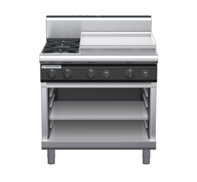 waldorf cue rn8606gh-ob-c0 900mm gas cooktop on open base with high splashback