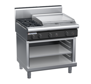 waldorf cue rn8606gh-ob-c0 900mm gas cooktop on open base with high splashback