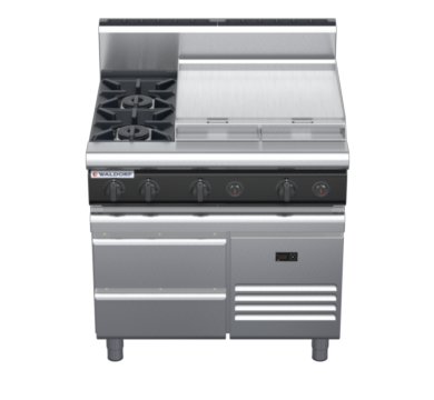 waldorf cue rn8606gh-rb-c0 900mm gas cooktop on refrigerated base with high splashback