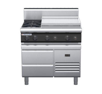 waldorf cue rn8606gh-rb-c0 900mm gas cooktop on refrigerated base with high splashback