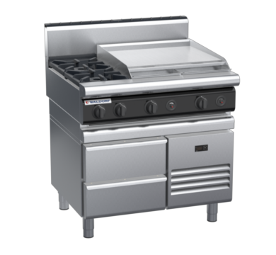 waldorf cue rn8606gh-rb-c0 900mm gas cooktop on refrigerated base with high splashback