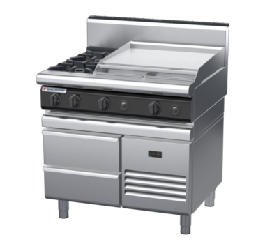 waldorf cue rn8606gh-rb-c0 900mm gas cooktop on refrigerated base with high splashback