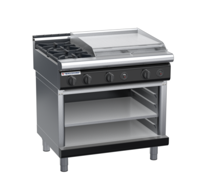 waldorf bold rn8606gl-ob-b0 900mm gas cooktop on open base with low splashback