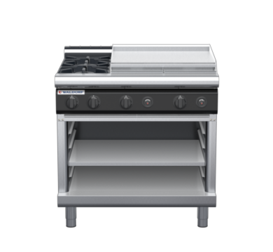 waldorf cue rn8606gl-ob-c0 900mm gas cooktop on open base with low splashback