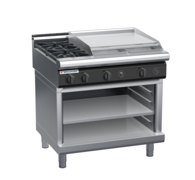 waldorf cue rn8606gl-ob-c0 900mm gas cooktop on open base with low splashback