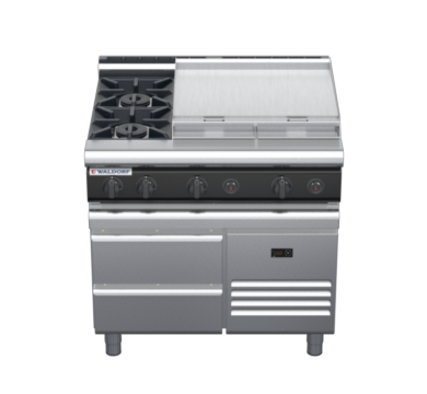 waldorf cue rn8606gl-rb-c0 900mm gas cooktop on refrigerated base with low splashback