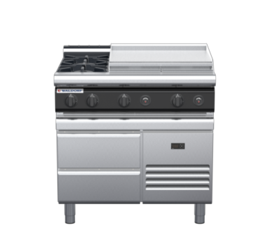 waldorf cue rn8606gl-rb-c0 900mm gas cooktop on refrigerated base with low splashback