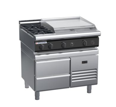 waldorf cue rn8606gl-rb-c0 900mm gas cooktop on refrigerated base with low splashback