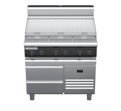 waldorf cue rn8609gh-rb-c0 900mm gas cooktop on refrigerated base with high splashback
