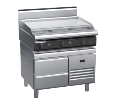 waldorf cue rn8609gh-rb-c0 900mm gas cooktop on refrigerated base with high splashback