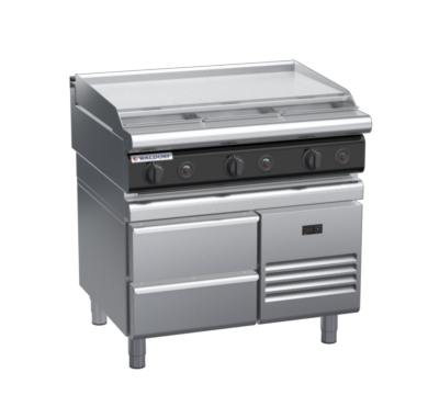 waldorf cue rn8609gl-rb-c0 900mm gas cooktop on refrigerated base with low splashback